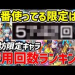 【モンスト】※限定キャラ（超・激獣、色限、オリトラ）使用回数ランキング